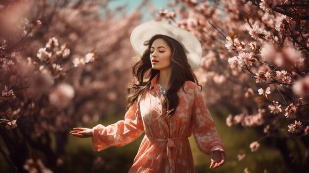 A woman in a pink dress and hat walks through a field of cherry blossoms.