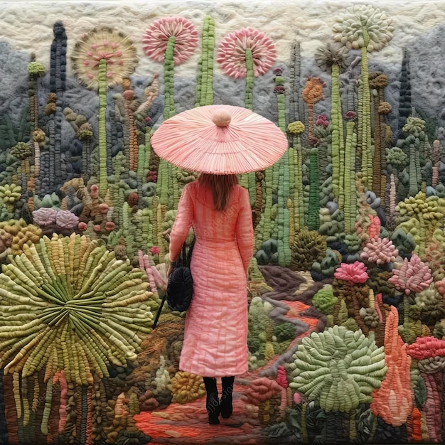 Foto una donna con un vestito rosa che tiene un ombrello rosa