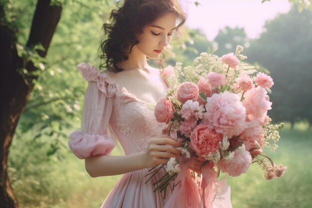 A woman in a pink dress holds a bouquet of peonies.