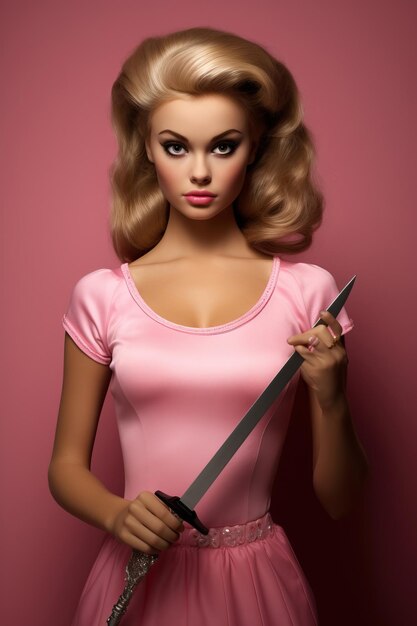 a woman in a pink dress holds a knife in front of a pink background.