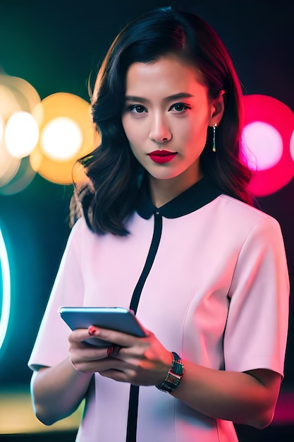 A woman in a pink dress holds a phone in front of a colorful lights.