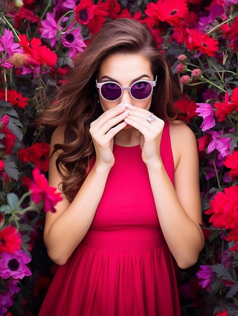 a woman in a pink dress is covering her face with sunglasses.