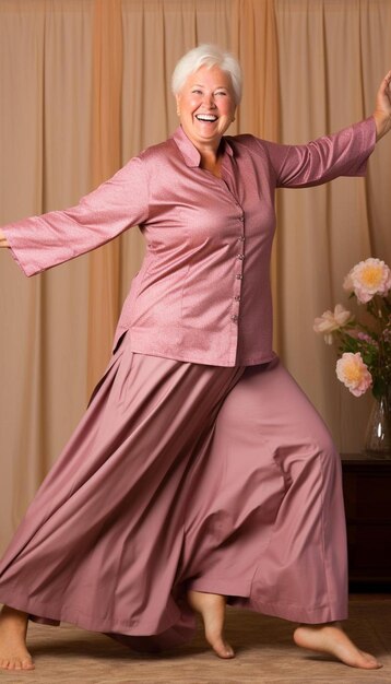 a woman in a pink dress is dancing in front of a vase of flowers