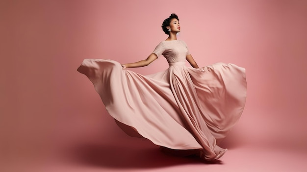 A woman in a pink dress is dancing on a pink background.