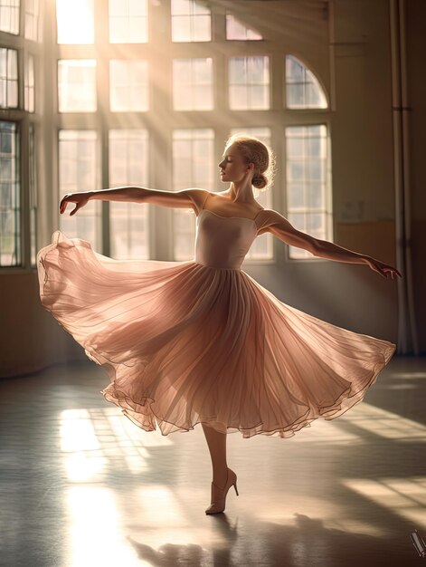 a woman in a pink dress is dancing in a room with a window behind her