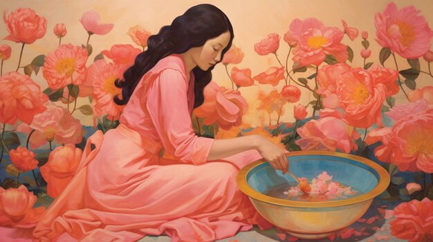 A woman in a pink dress is dipping her feet