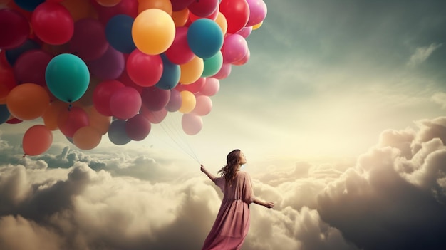 A woman in a pink dress is flying with a bunch of colorful balloons in the sky.