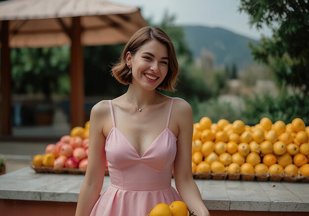 a woman in a pink dress is holding a bunch of fruit