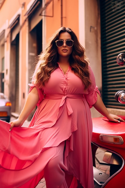 A woman in a pink dress is riding a red scooter.