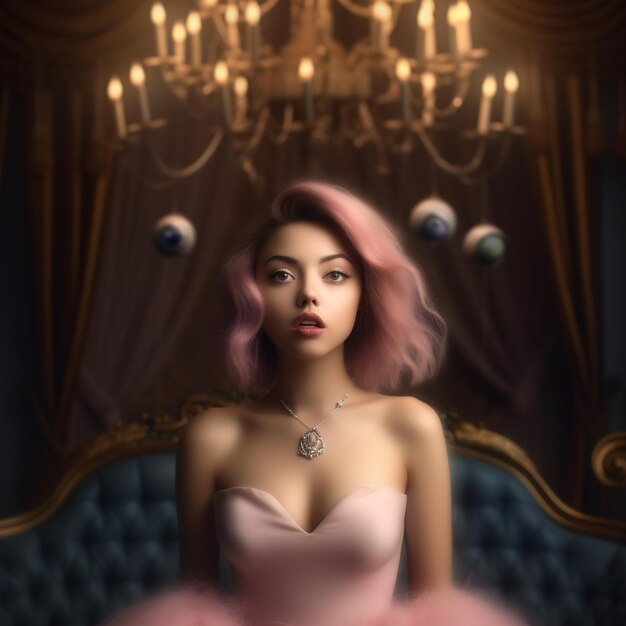 a woman in a pink dress is sitting in front of a chandelier