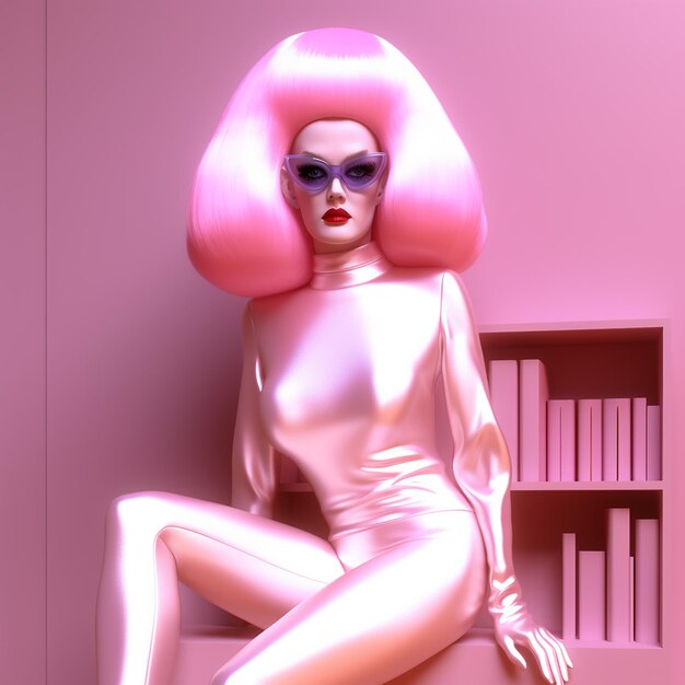 a woman in a pink dress is sitting on a pink shelf.