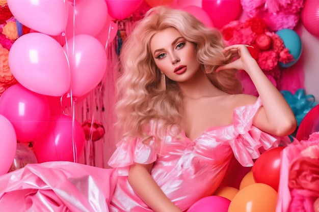 A woman in a pink dress is sitting in a room full of balloons.