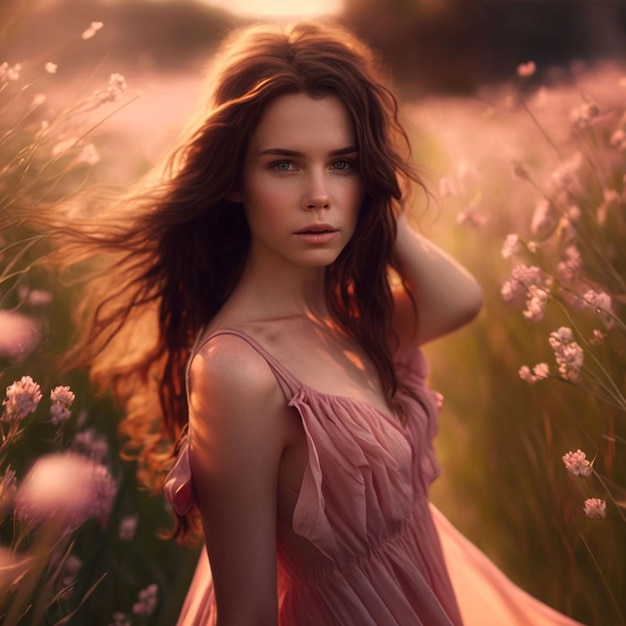 A woman in a pink dress is standing in a field of flowers.