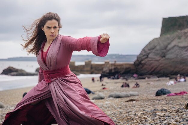 Photo a woman in a pink dress is throwing a frisbee on the beach