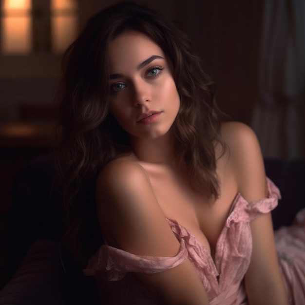 a woman in a pink dress sits on a bed