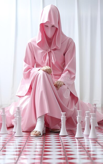 Photo a woman in a pink dress sits on a chessboard with white pieces