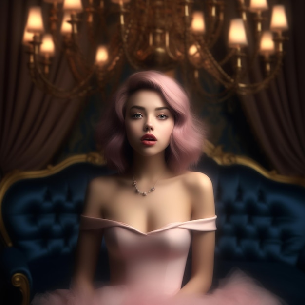 a woman in a pink dress sits in front of a chandelier
