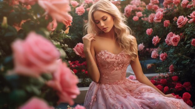 ピンクのドレスを着た女性がピンクの花畑の前に座っています。