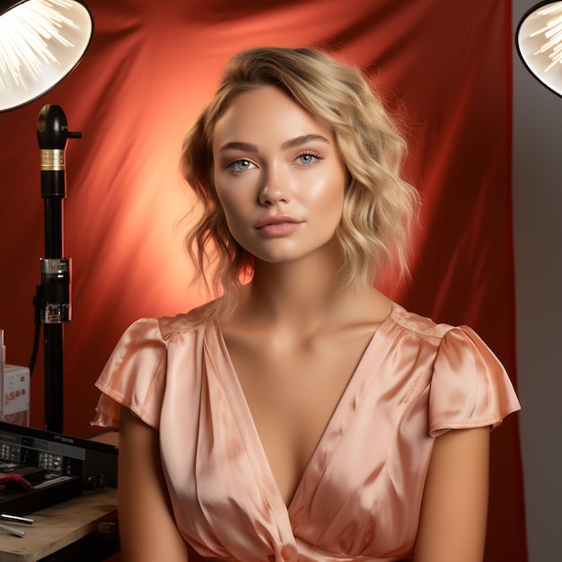 a woman in a pink dress sits in front of a red backdrop