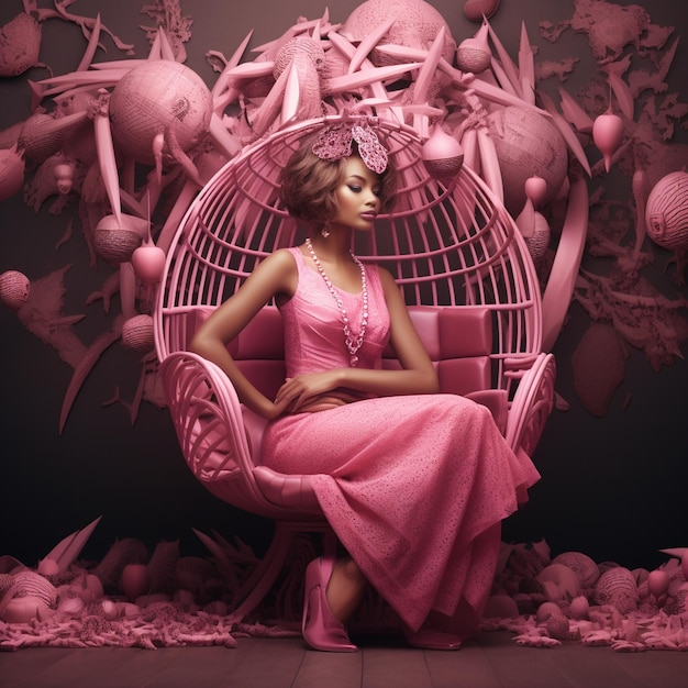 A woman in a pink dress sits in a pink bird cage.