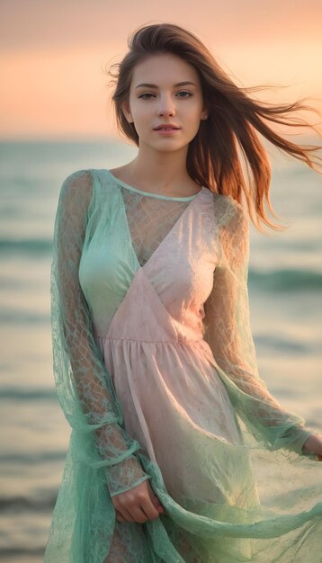 a woman in a pink dress stands on the beach in front of the ocean