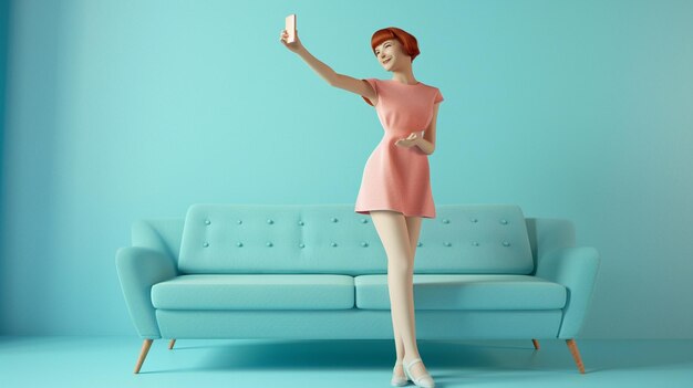 Photo a woman in a pink dress stands on a blue couch with a remote control in the air