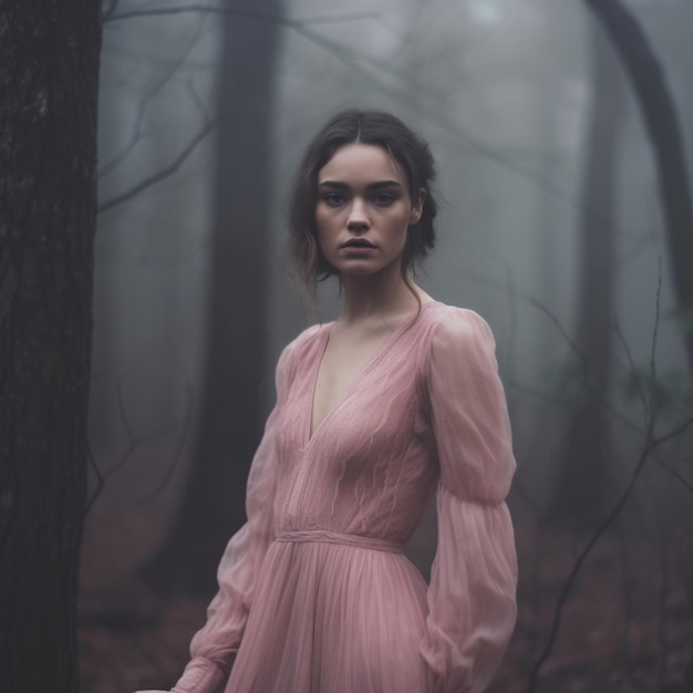 분홍색 드레스를 입은 여자가 숲을 배경으로 숲 속에 서 있다