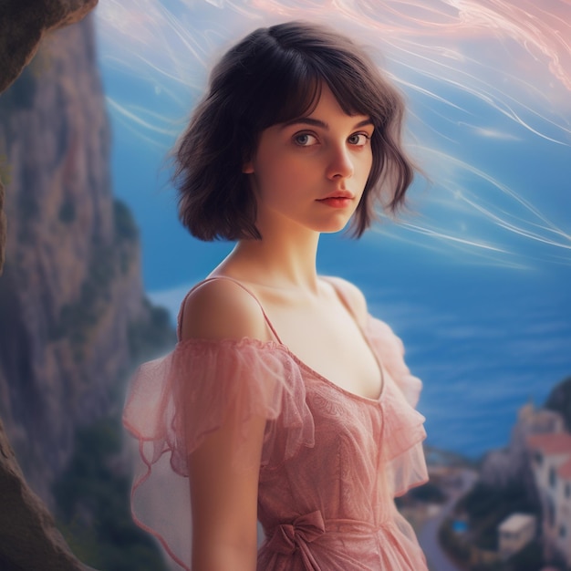 a woman in a pink dress stands in front of a cliff