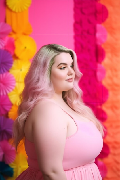 A woman in a pink dress stands in front of a colorful wall with flowers.