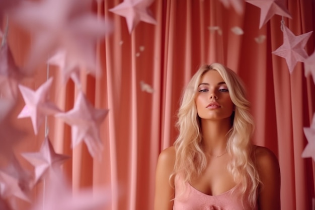 A woman in a pink dress stands in front of a pink curtain with stars on it.