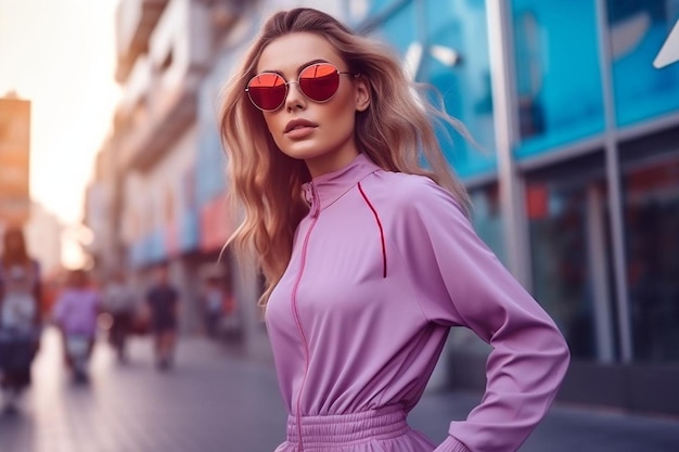 a woman in a pink dress and sunglasses on a city street