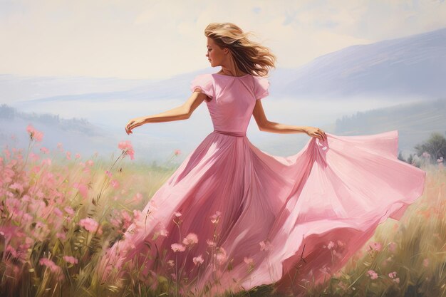 Photo a woman in a pink dress twirling in a meadow