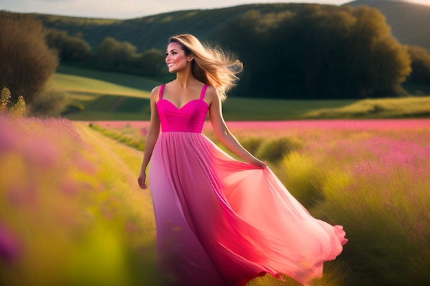 A woman in a pink dress walks through a field of flowers.