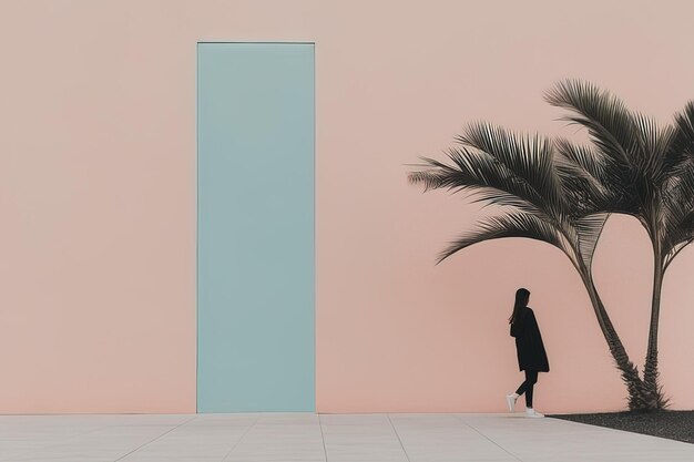 woman in pink dress with palm leaf on wallwoman in pink dress with palm leaf on wallwoman in a black