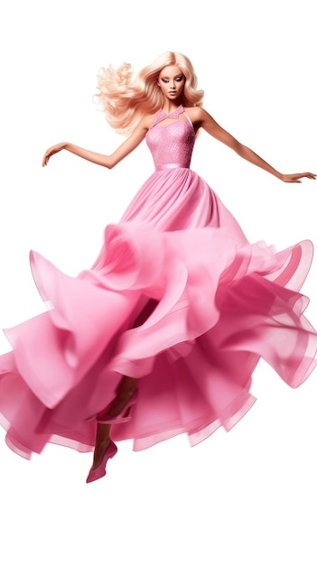 A woman in a pink dress with a pink dress on it