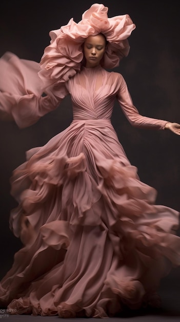 A woman in a pink dress with ruffles and a black background