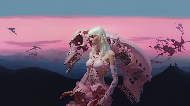 a woman in a pink dress with a skull on her head and a skull with a skull on it