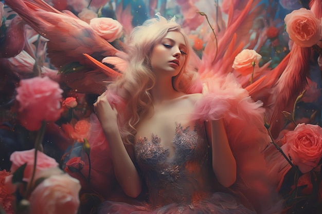 A woman in a pink fairy costume lies in a bed of flowers.