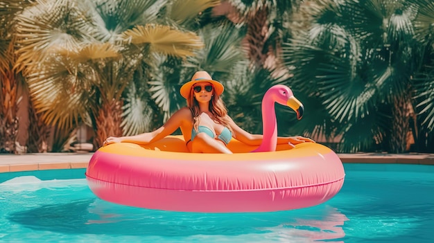 A woman in a pink flamingo float in a pool