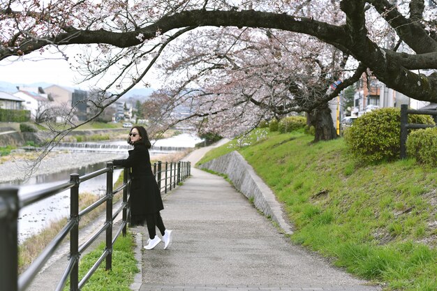 ピンクの花の木の下の女性