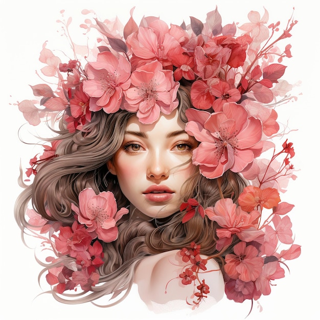 女性とピンクの花のイラスト