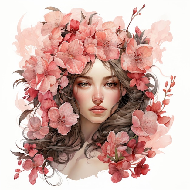 Woman and pink flowers illustration