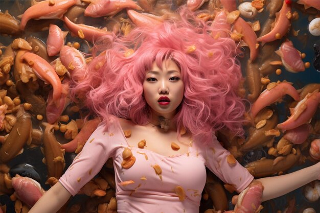 Woman Pink Hair Amidst Food Floating