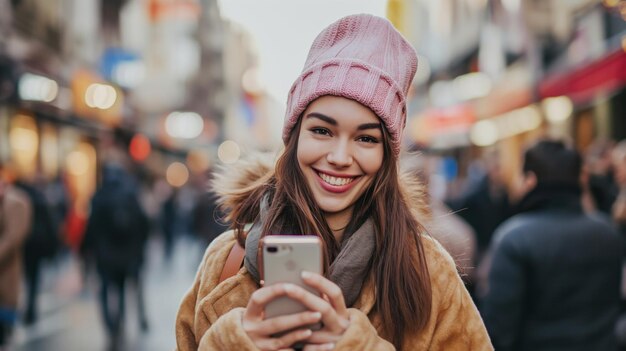 ピンクの帽子をかぶった女性が電話をチェックする