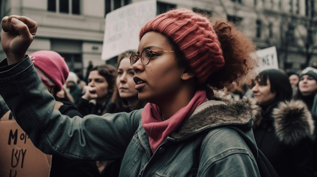 A woman in a pink hat and glasses holds a sign that says'protest against climate change '