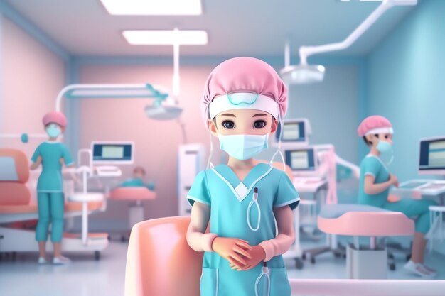 A woman in a pink hat and pink scrubs stands in a hospital room