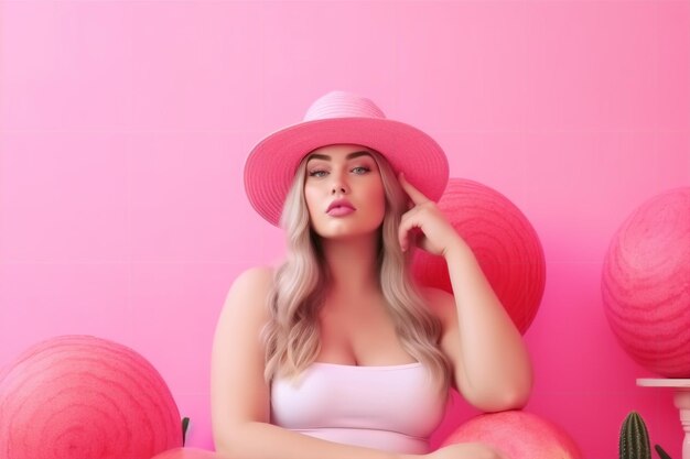 A woman in a pink hat sits on a pink background.