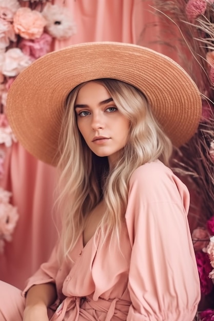 ピンクの背景の前に立つピンクの帽子をかぶった女性