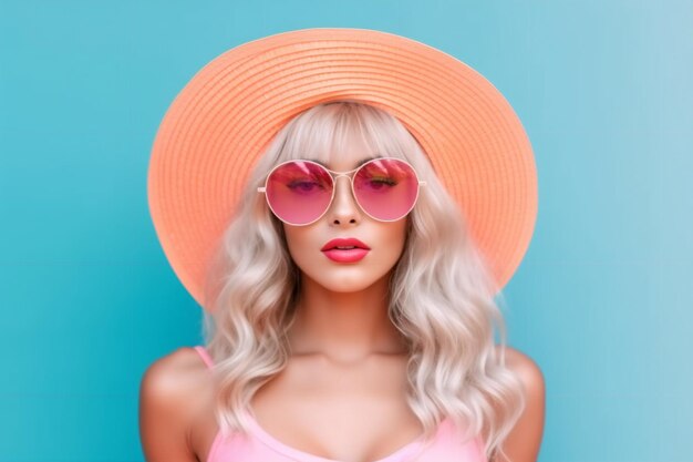 A woman in a pink hat and sunglasses stands in front of a blue background.