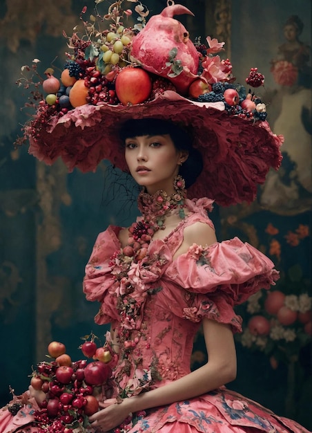 a woman in a pink hat with a bunch of fruit on it